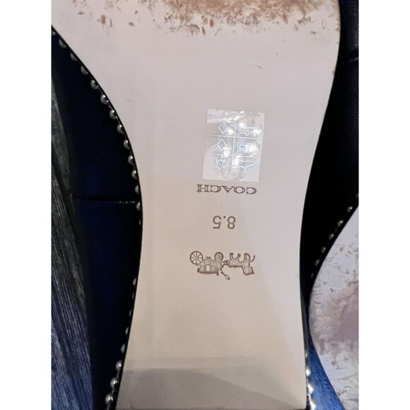 Coach Willa Women 8.5B Black Leather Pointed Toe Block Heel Pumps Gold Bead Logo - Picture 6 of 10